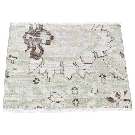 Light Green Silk With Textured Wool Oushak Design Fragment Mat Rug, 1'7"x2'