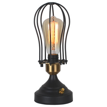 Roseland Industrial Cage Table Lamp, Black With Burnished Brass Accents