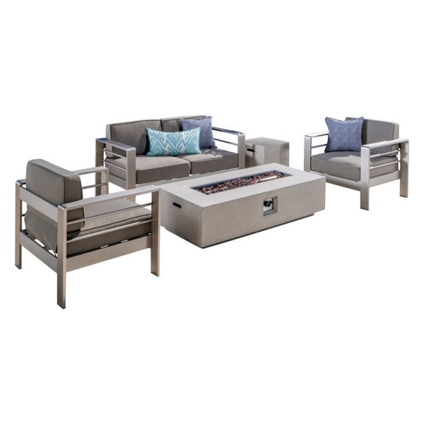 GDF Studio 5-Piece Coral Bay Outdoor Khaki Chat Set & Fire Table, Set,