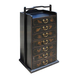 Oriental Chinese Black Golden Butterflies 7 Drawers File Storage Cabinet - Accent Chests And Cabinets
