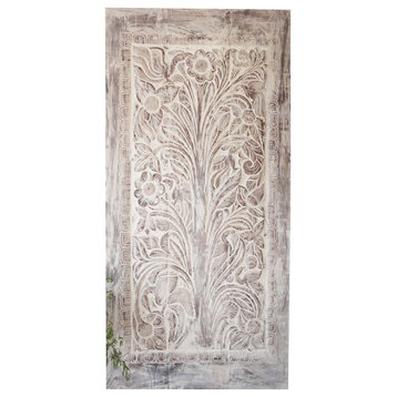 Consigned Tree of Life Carved Door, Whitewash Vintage Wood Barn Door
