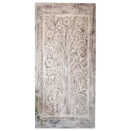 Consigned Tree of Life Carved Door, Whitewash Vintage Wood Barn Door