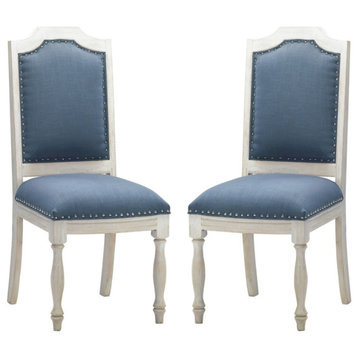 Whitewashed Wood Blue Upholstered Dining chairs Set