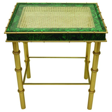 Malachite Emerald Green Gold Side Table Art Deco Accent End Bamboo Vintage Style