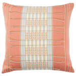 Jaipur Living - Jaipur Living Peren Tribal Coral/Blue Poly Fill Pillow 18" Square - Handmade by weavers in Nagaland, India, the Nagaland collection showcases the traditional loin-loom techniques of the indigenous tribes of the region. The artisan-made Peren throw pillow effortlessly combines heritage-rich tribal and stripe patterns with a coral, silver-blue, gold, and cream colorway for a stunning statement in any space. Crafted of soft, finely woven cotton, this pillow brings the global art of Naga textiles to the modern home.