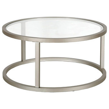 Contemporary Coffee Table, Open Metal Frame With Round Glass Top, Satin Nickel