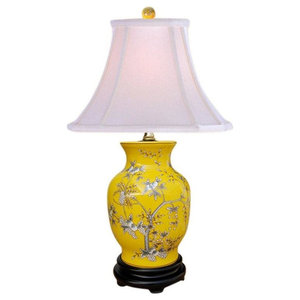 Yellow Porcelain Ginger Jar Table Lamp Floral Motif 25" 