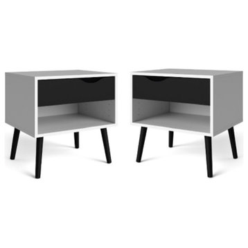 Home Square 2 Piece Retro Nightstand Set with Drawer in White and Black Matte