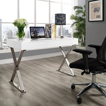 Modern Desk, Crossed Stainless Steel Legs & 2 Storage Drawers, White/Silver
