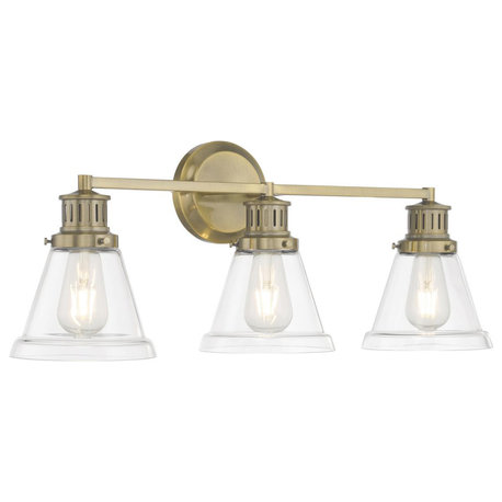 Alden 3 Light Bathroom Vanity Light, Clear, Antique Brass