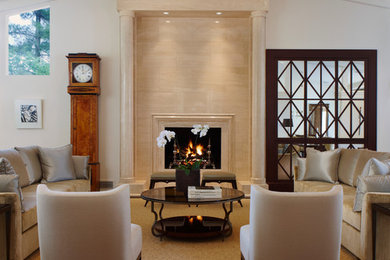 Inspiration for a contemporary living room remodel in Detroit with a tile fireplace and white walls