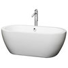 60" Freestanding Tub,White,Floor Mounted Faucet,Drain,Overflow,Polished Chrome