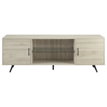 Retro Modern TV Stand, Angled Legs With Side Cabinets & Glass Shelf, Birch