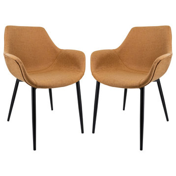 Modern Leather Dining Arm Chair, Metal Legs Set of 2, Light Brown, EC26BR2