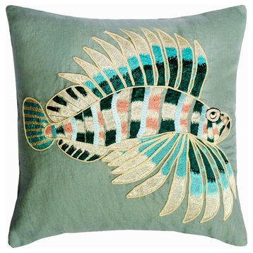 Decorative 26"x26" Fish Embroidered Dull Blue Linen Pillow Cover, Dream Fish