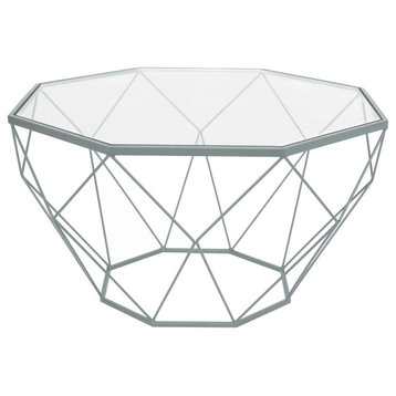 LeisureMod Malibu Modern Geometric Glass Top Coffee Table, Gray
