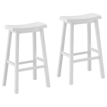 Pemberly Row 29" Contemporary Wood Saddle-Seat Bar Stool in White (Set of 2)