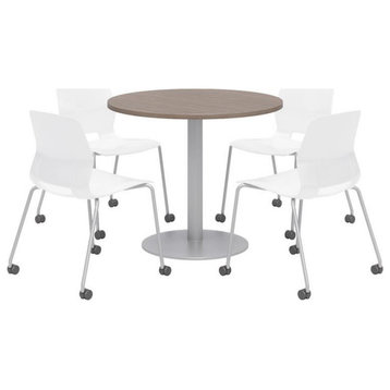 Olio Designs Teak Round 42in Lola Dining Set - White Caster Chairs
