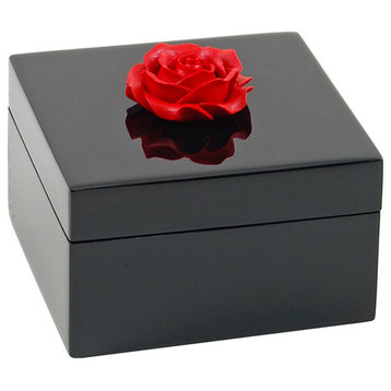 Lacquer Small Square Box, Red Rose Handle Black Box