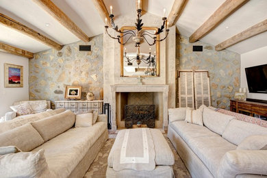 Living room - french country living room idea in Los Angeles with gray walls, a standard fireplace and a wall-mounted tv