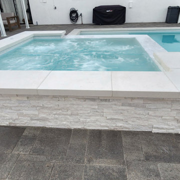 5\8" white tile, white plaster, white coping and raised spa.