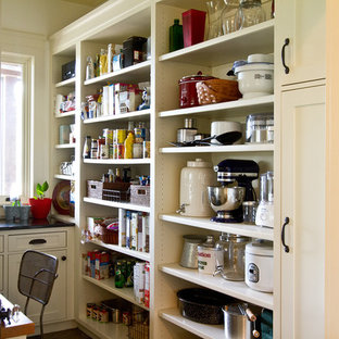 Large craftsman kitchen pantry inspiration - Large arts and crafts galley ceramic floor kitchen pantry photo in Dallas with shaker cabinets, white cabinets, granite countertops, black backsplash and no island