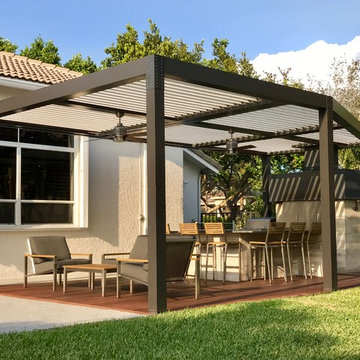 Modern Altimate Pergola over outdoor kitchen, chimney, ceiling fans, LED Lights