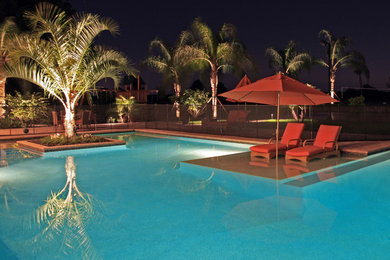 Large tropical backyard custom-shaped lap pool in Tampa.