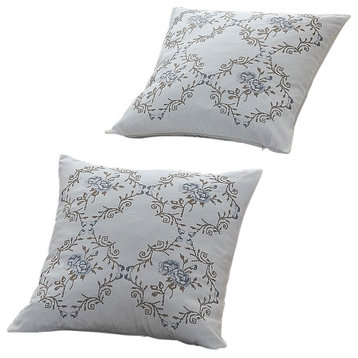 Rose Embroidery 2 Piece Pillow Cover Set, 26" X 26", Gray Blue