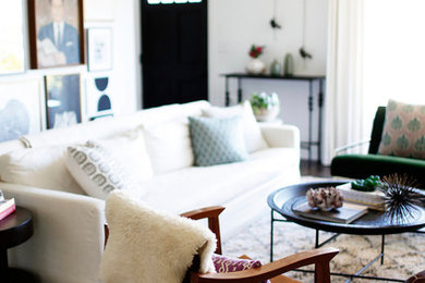 Inspiration for a mid-sized 1950s formal and enclosed dark wood floor living room remodel in Tampa with white walls, a standard fireplace, a tile fireplace and no tv