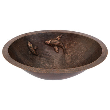 Oval Under Counter Hammered Copper Bathroom Sink with Two Small Koi Fish Design