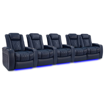 Tuscany Leather Home Theater Seating, Navy Blue, Row of 5 Loveseat Right