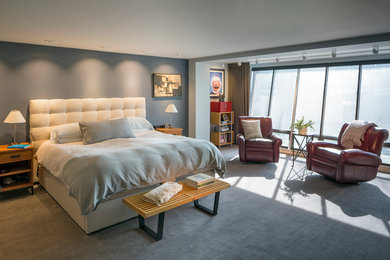 Bedroom - modern master carpeted and gray floor bedroom idea in San Francisco with gray walls