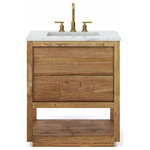 Water Creation - Oakman Marble Top Vanity in Mango Wood with Faucet, 30, Vanity With Satin Gold Faucet - Transform your bathroom into an oasis of elegance and sophistication with the Oakman vanity by Water Creation. This stunning vanity boasts a simple and streamlined design that will elevate the look of any bathroom, whether it's a spacious master bath or a cozy powder room. With ample storage drawers, you'll have plenty of space to keep all your essentials organized and within reach. Crafted with meticulous attention to detail, the Oakman vanity features wood grain surface embellishments that add a touch of rustic charm to any space. The Mango wood finish adds a classic touch, while the Carrara white marble top provides a luxurious feel. The elegantly crafted drawers and open shelf are not only beautiful, but also durable and built to last a lifetime. Upgrade your bathroom with the Oakman vanity by Water Creation and experience the perfect blend of style, function, and superior craftsmanship.