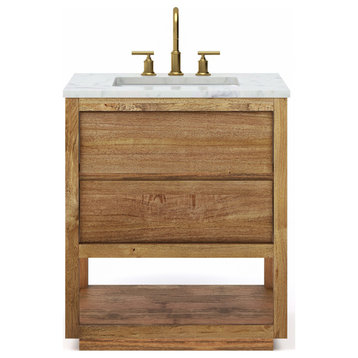 Oakman Marble Top Vanity in Mango Wood with Faucet, 30, Vanity With Satin Gold Faucet