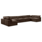 Meridian Furniture - Comfy Upholstered U-Shaped Modular Sectional, Brown, 7-Piece: 5 Armless Chair, 2 Corner Chair, Velvet - Give your space a whole new look with this brown Comfy velvet sectional. This handsome sectional fits nicely with other items in the Comfy collection and is a versatile seating option designed for adaptability, comfort and style. Wrapped in rich brown durable velvet upholstery, this sectional offers a plush embrace of overstuffed down feather cushions, carefully crafted to deliver the highest level of comfort. The perfect seat for creating an oasis for relaxation, this sectional has thick foam surrounding its frame for added support and coziness.