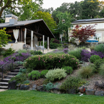 Rustic hillside pavilion with layered planting in Northern California