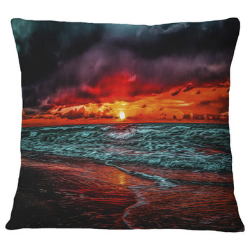 Red Sunset Over Blue Waters Seascape Throw Pillow, 16"x16"