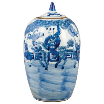 Blue and White Lidded Jar - Child Playing