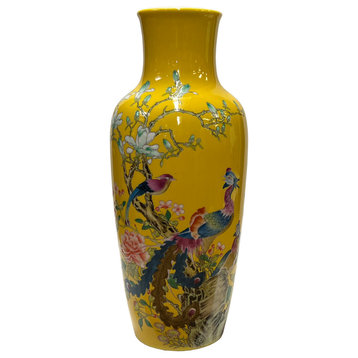 Chinese Oriental Bright Yellow Porcelain Flower Birds Graphic Vase Hws2848