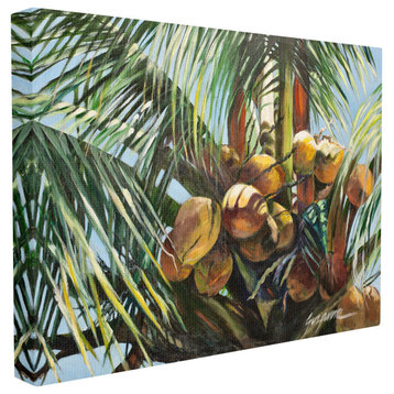 Tropical Palm Coconuts Green Yellow Painting, 24"x30", Canvas Art