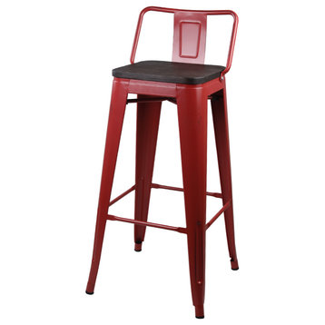 Metal Red Bar Stools With Lowback Wooden Seat, Set of 1