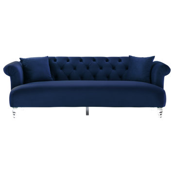 Elegance Contemporary Sofa, Blue Velvet With Acrylic Legs