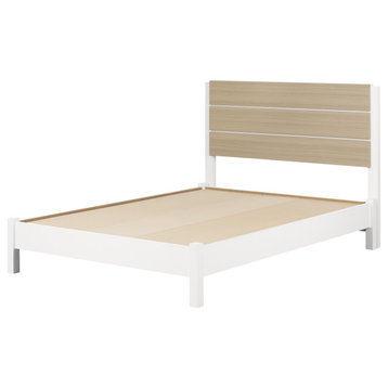 Scandinavian Full Platform Bed, White Painted Frame & Soft Elm Grooved Headboard