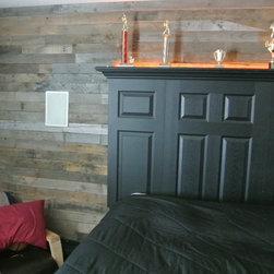 Door headboard and pallet wood accent wall - Headboards