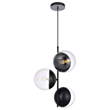 17.5" Modern 3-Light Pendant With Clear Glass, Black