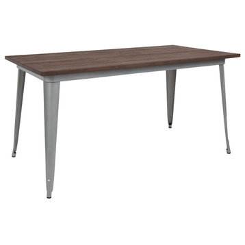 30.25" x 60" Rectangular Silver Metal Indoor Table with Walnut Rustic Wood Top