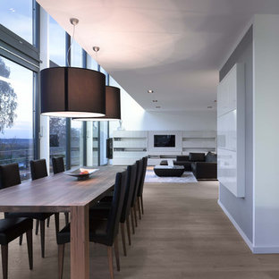 シュトゥットガルトの広いコンテンポラリースタイルのLDKの画像 (白い壁、無垢フローリング)