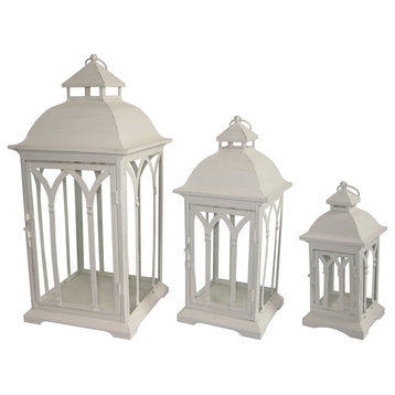 Set of 3 Indoor/Outdoor Metal & Temepered Glass Lanterns- Antique White