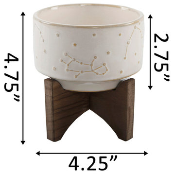 4" Constellation Ceramic Pot On Wood Stand, Ivory
